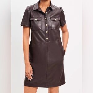 LOFT Brown Leather Pocket Shift Button-Up Dress